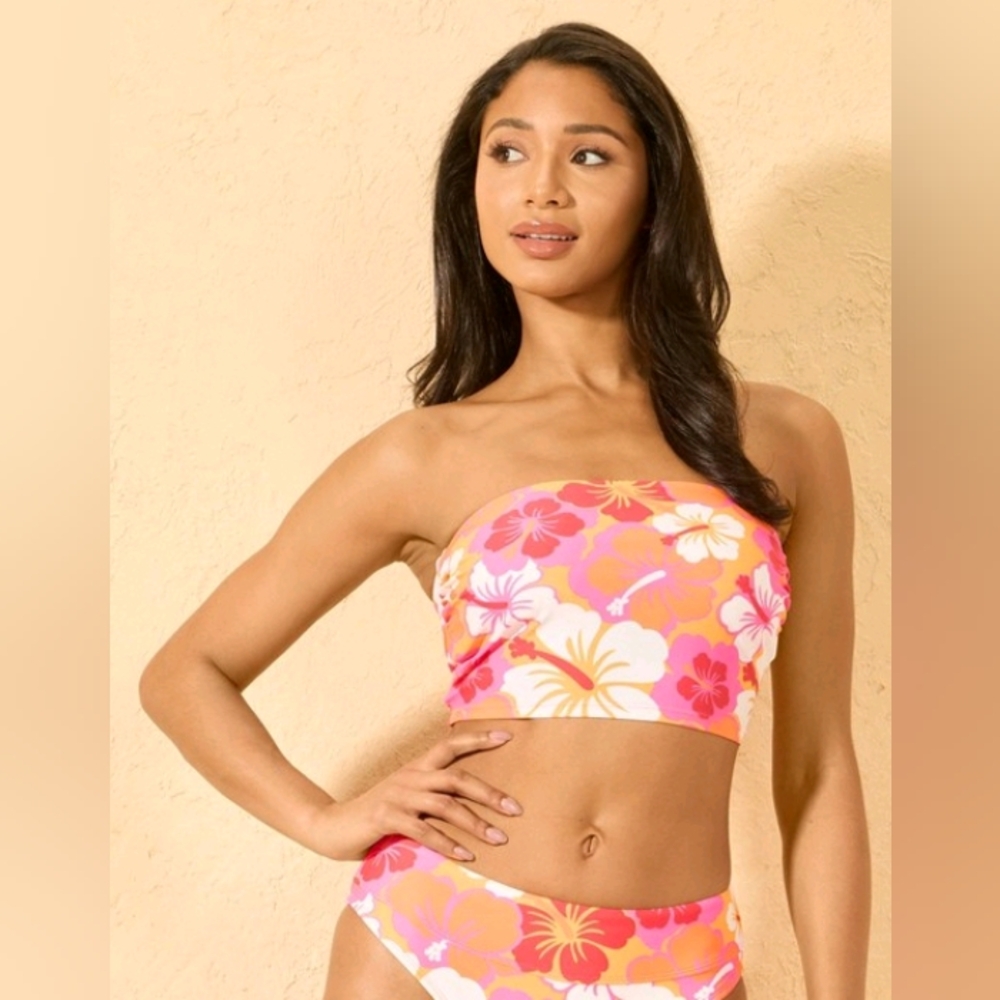 Bikini Set-Tropical Orange Pink Bandeau Bikini XsTop &Mid Rise High Leg XSBottom